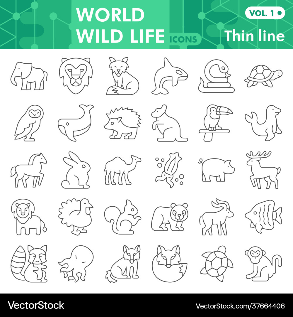 World wildlife thin line icon set animal symbols World wildlife thin line icon set animal symbols vector image