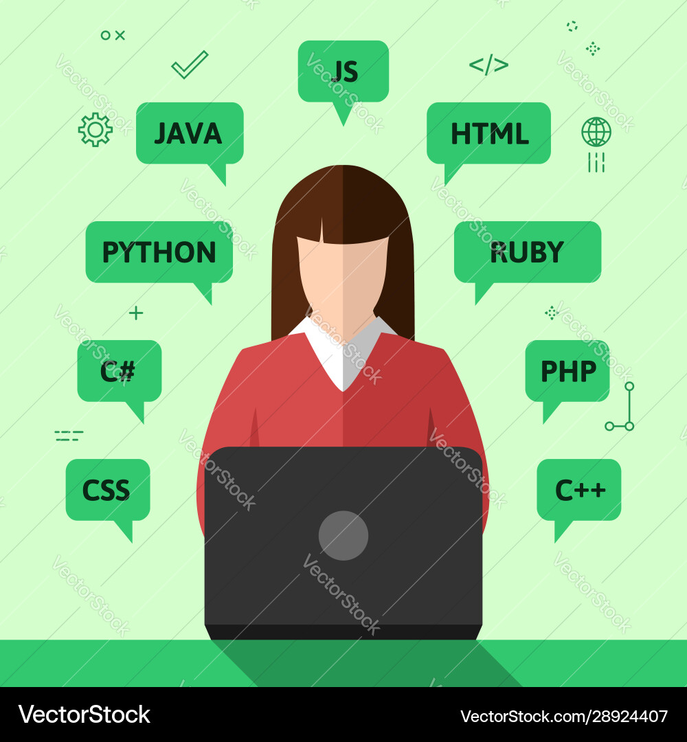 Female programmer working on computer Female programmer working on computer vector image