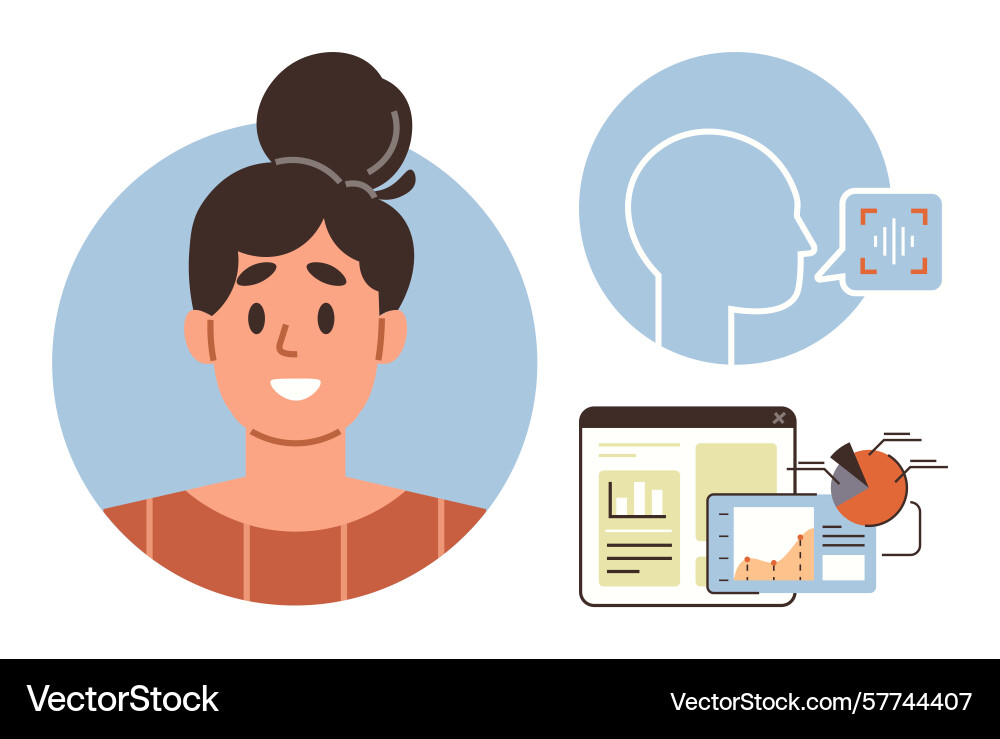 Woman smiling with speech recognition and data Woman smiling with speech recognition and data vector image