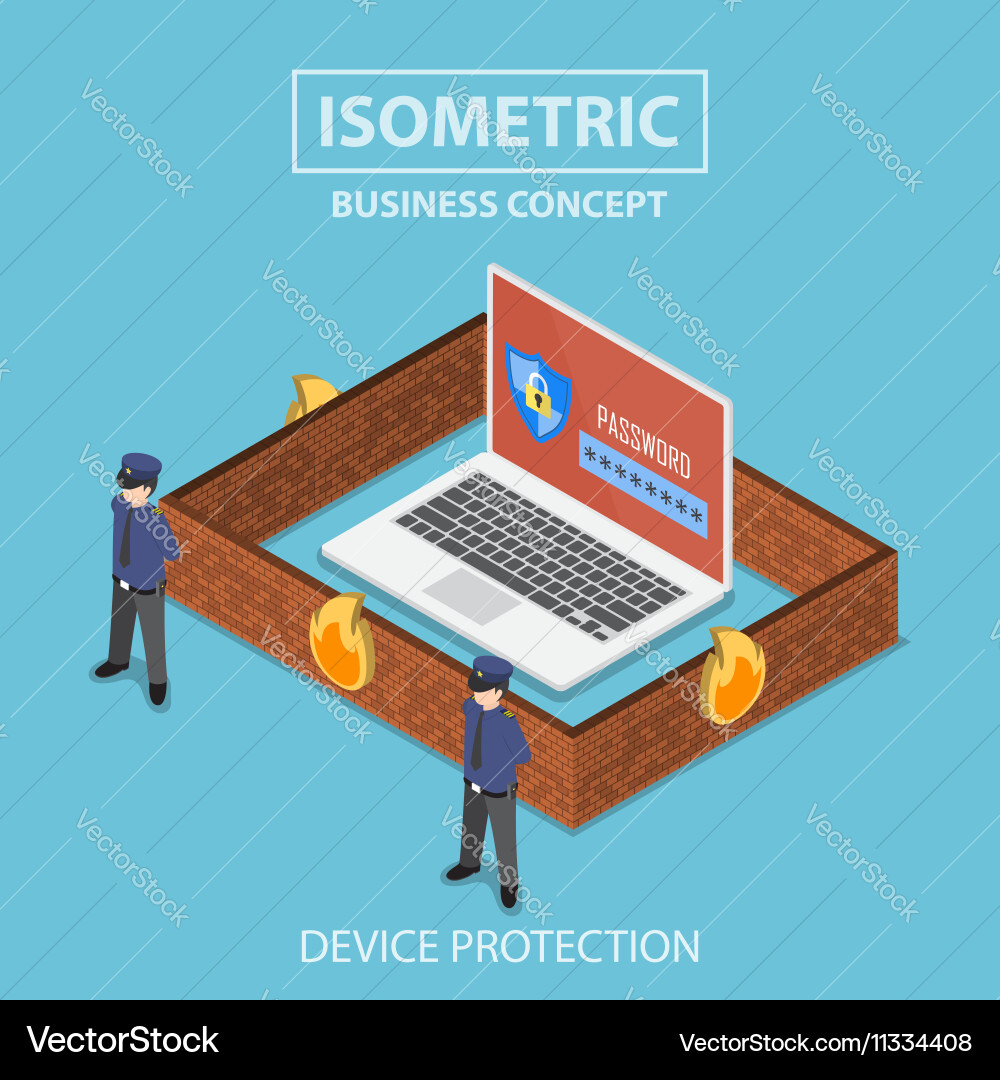 Isometric laptop computer protected by security vector image