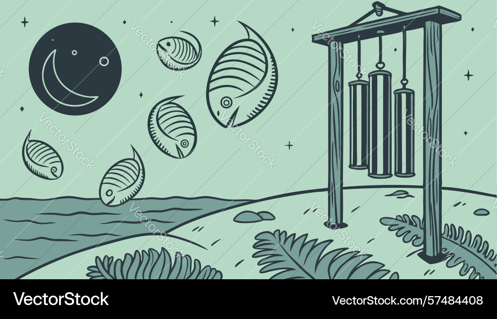 Wind chimes with seashells on abstract background vector image
