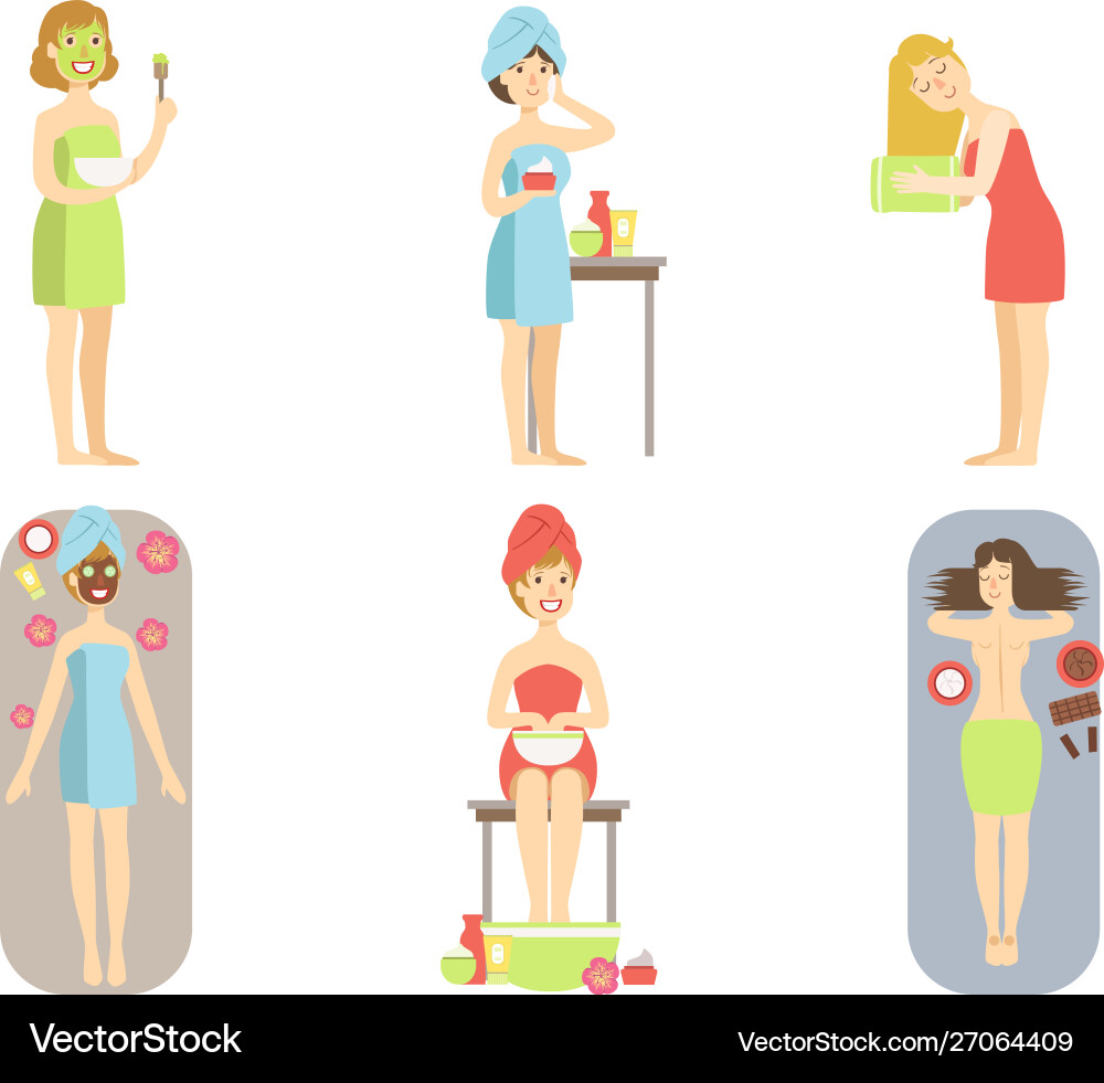 Beautiful woman relaxing at spa salon set girl Beautiful woman relaxing at spa salon set girl vector image