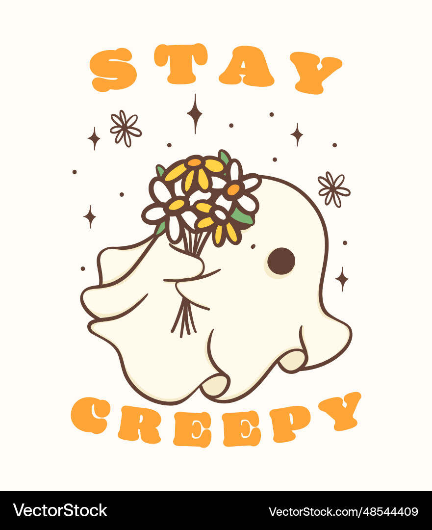 Cute halloween ghost with flower kawaii retro Cute halloween ghost with flower kawaii retro vector image