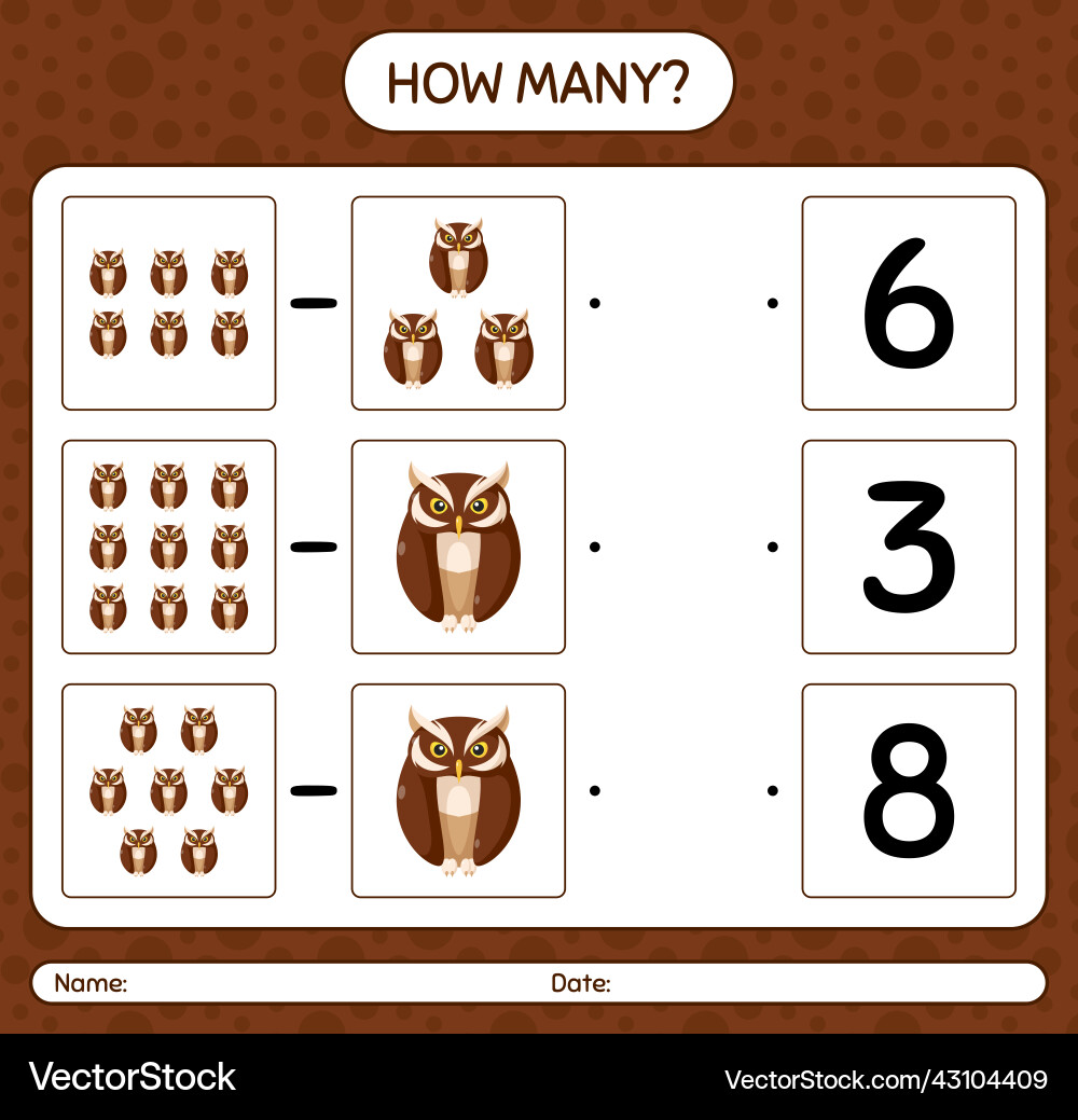 How many counting game with owl worksheet How many counting game with owl worksheet vector image