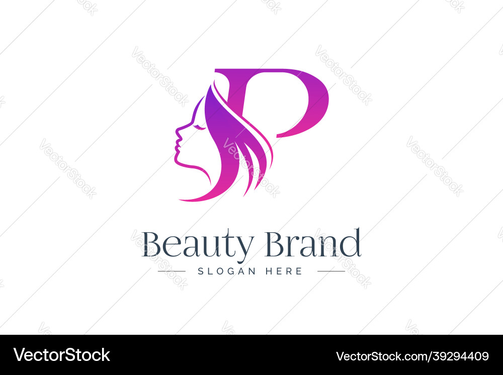 Letter p beauty logo design woman face silhouette Letter p beauty logo design woman face silhouette vector image