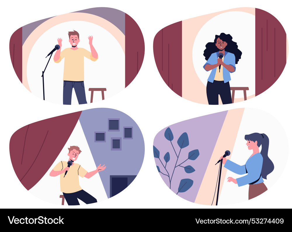 Stand-up show characters in frame flat style Stand-up show characters in frame flat style Vector Image
