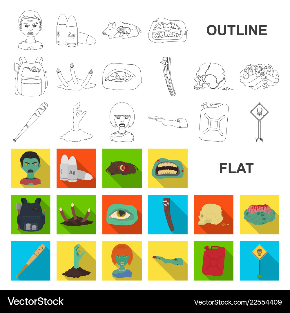 Zombies and attributes flat icons in set Vector Image