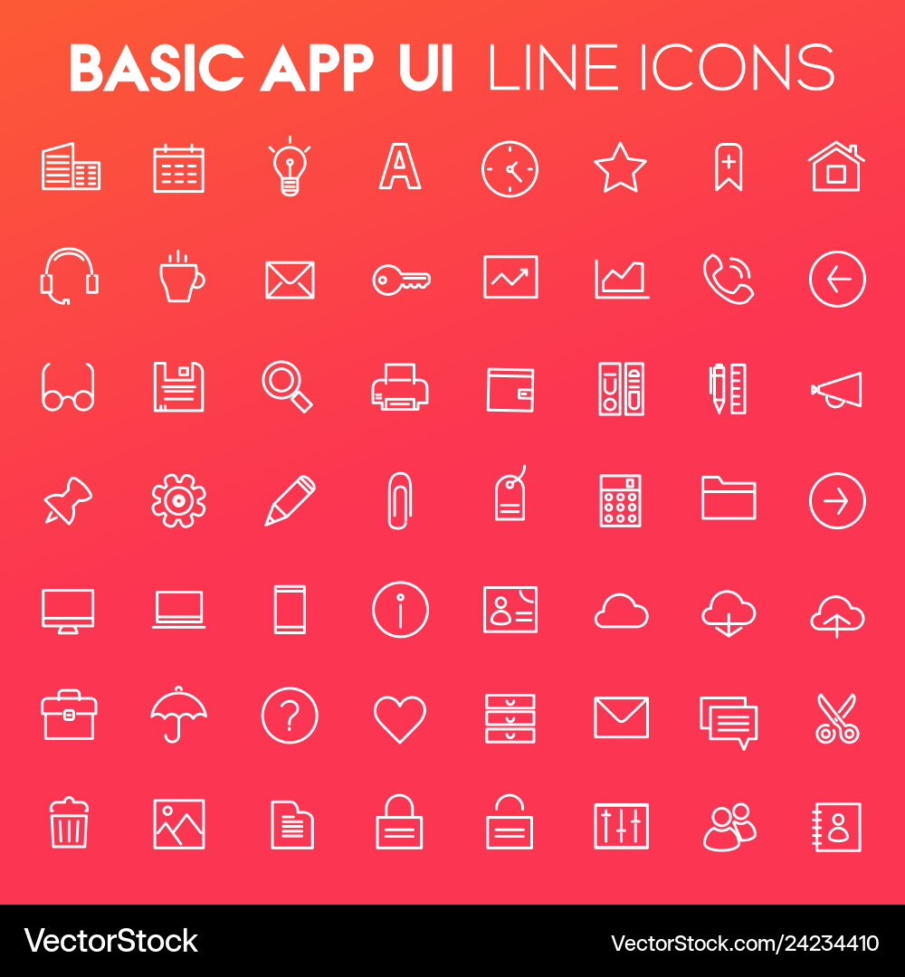 Big basic app ui ux and office linear icon set Big basic app ui ux and office linear icon set vector image