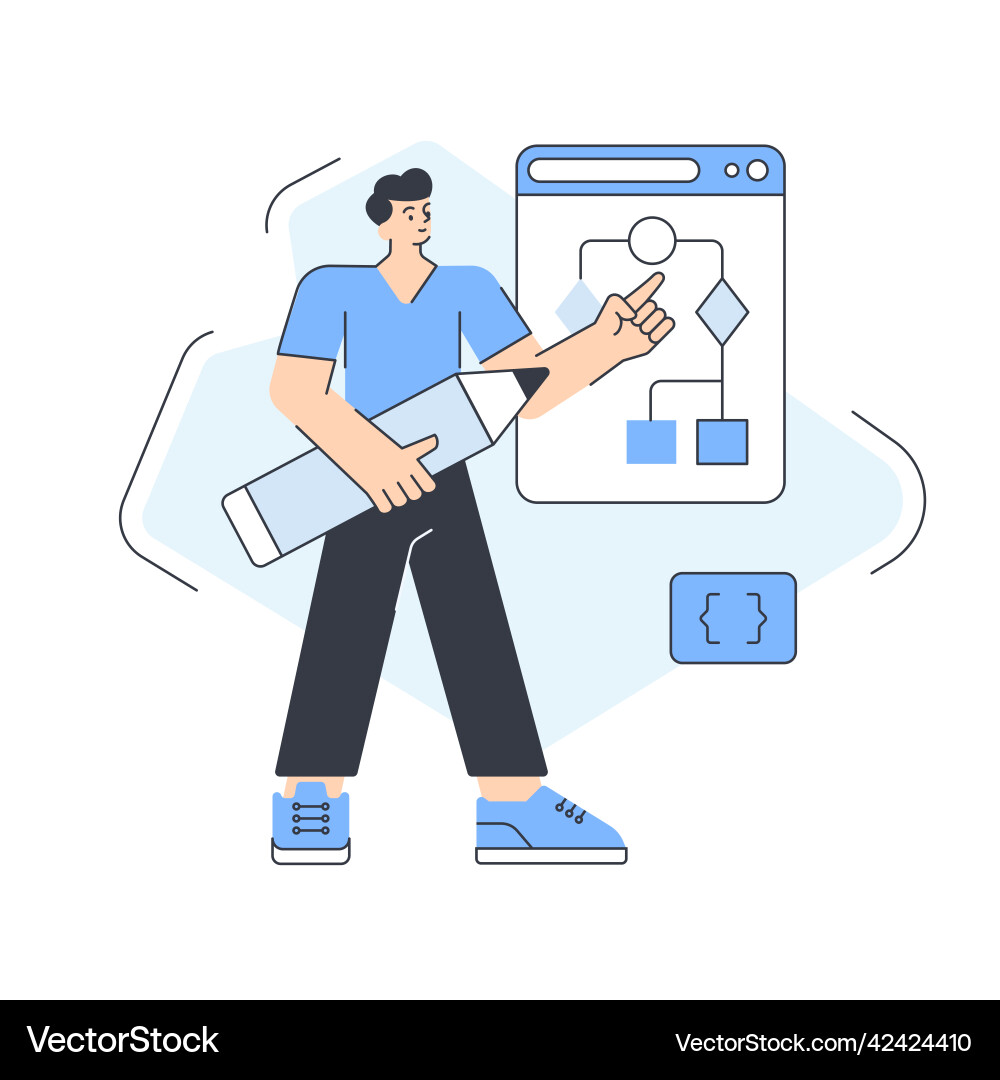 Male developer analyzing scheme web site software Male developer analyzing scheme web site software vector image