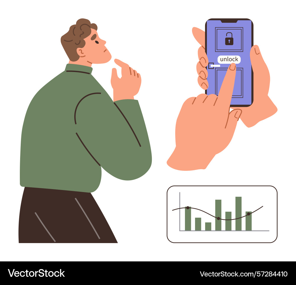 Man pondering decision while a hand attempts Man pondering decision while a hand attempts vector image