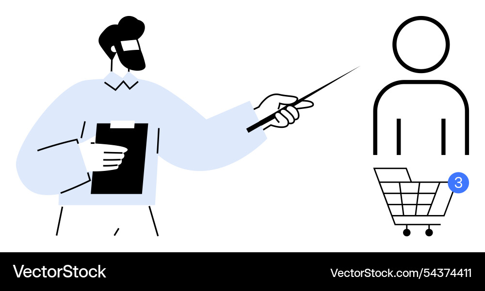 Man presenting shopping cart and user profile Man presenting shopping cart and user profile vector image