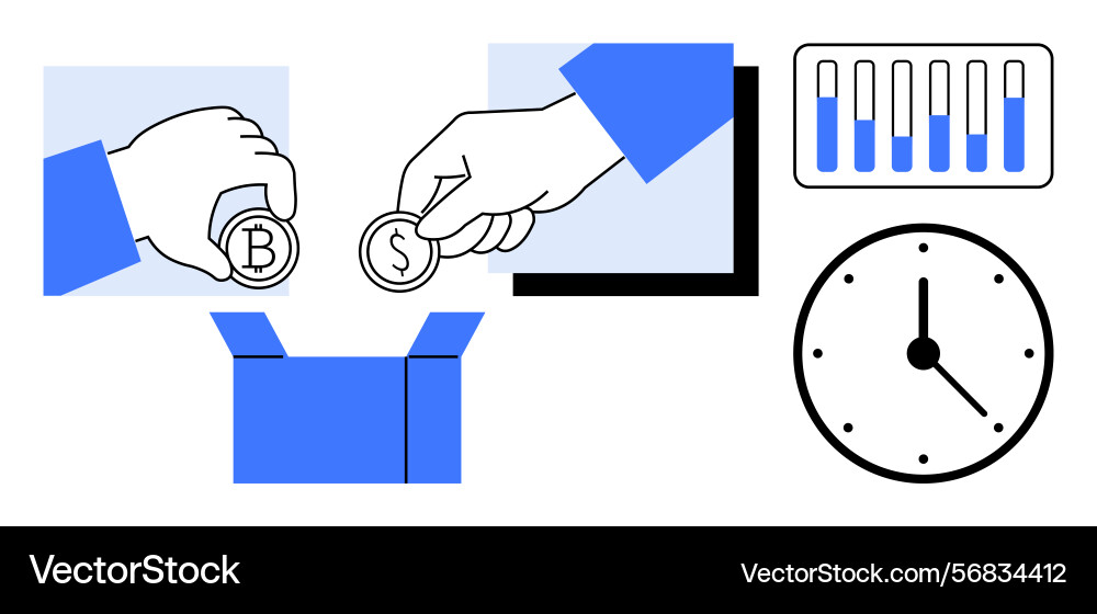 Hands placing coins into a box with graphs Hands placing coins into a box with graphs vector image