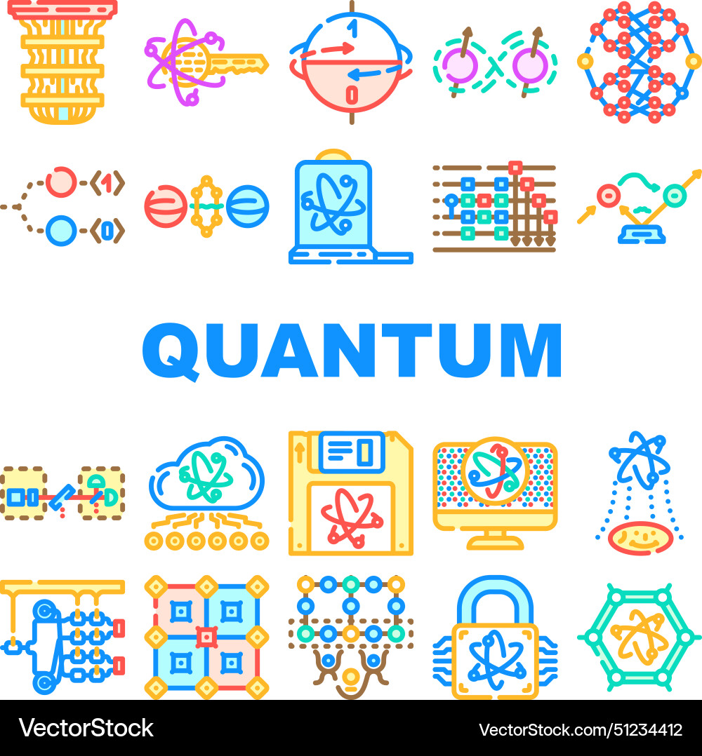 Quantum technology data network icons set Quantum technology data network icons set vector image