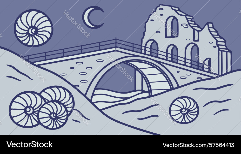 Ancient arch bridge with shells under crescent vector image