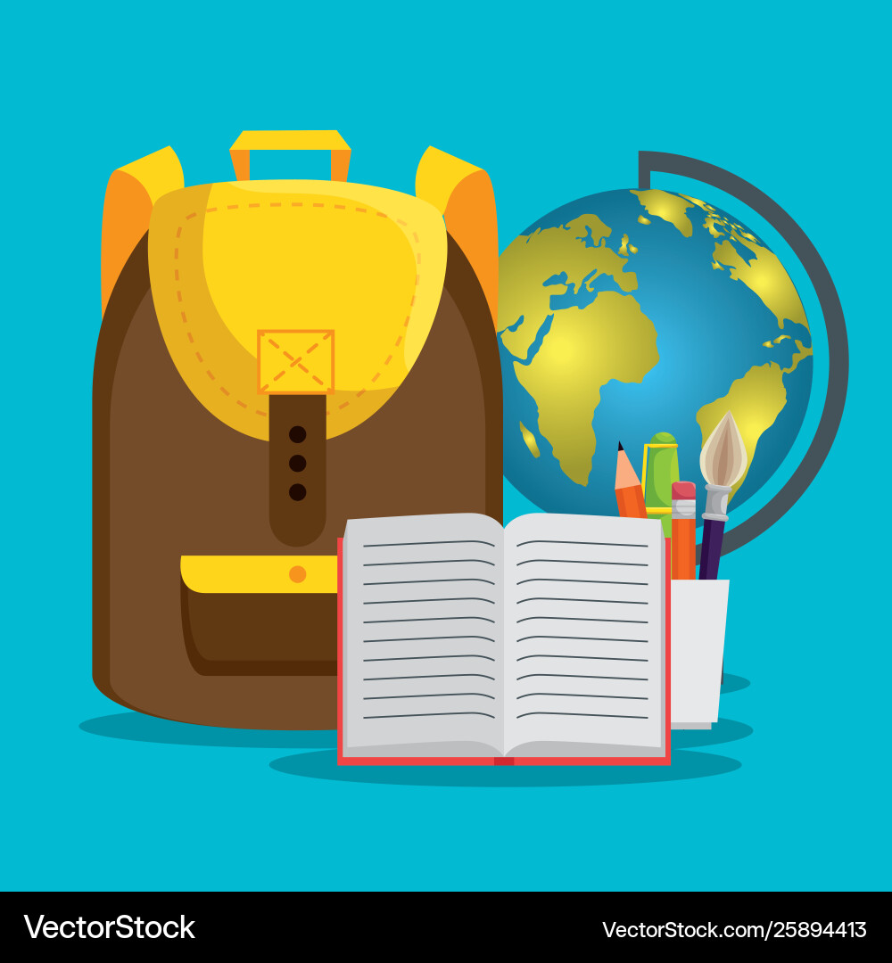 Backpack with global map and notebook pencils Backpack with global map and notebook pencils vector image