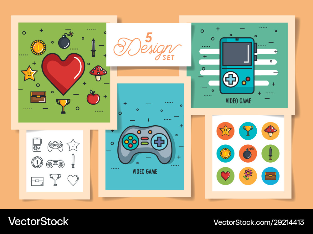 Fünf Designs Videospiel Retro mit Icons Fünf Designs Videospiel Retro mit Icons Vektorbild