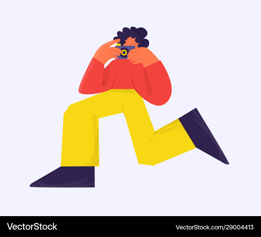 Funny male trendy photographer running taking Funny male trendy photographer running taking vector image