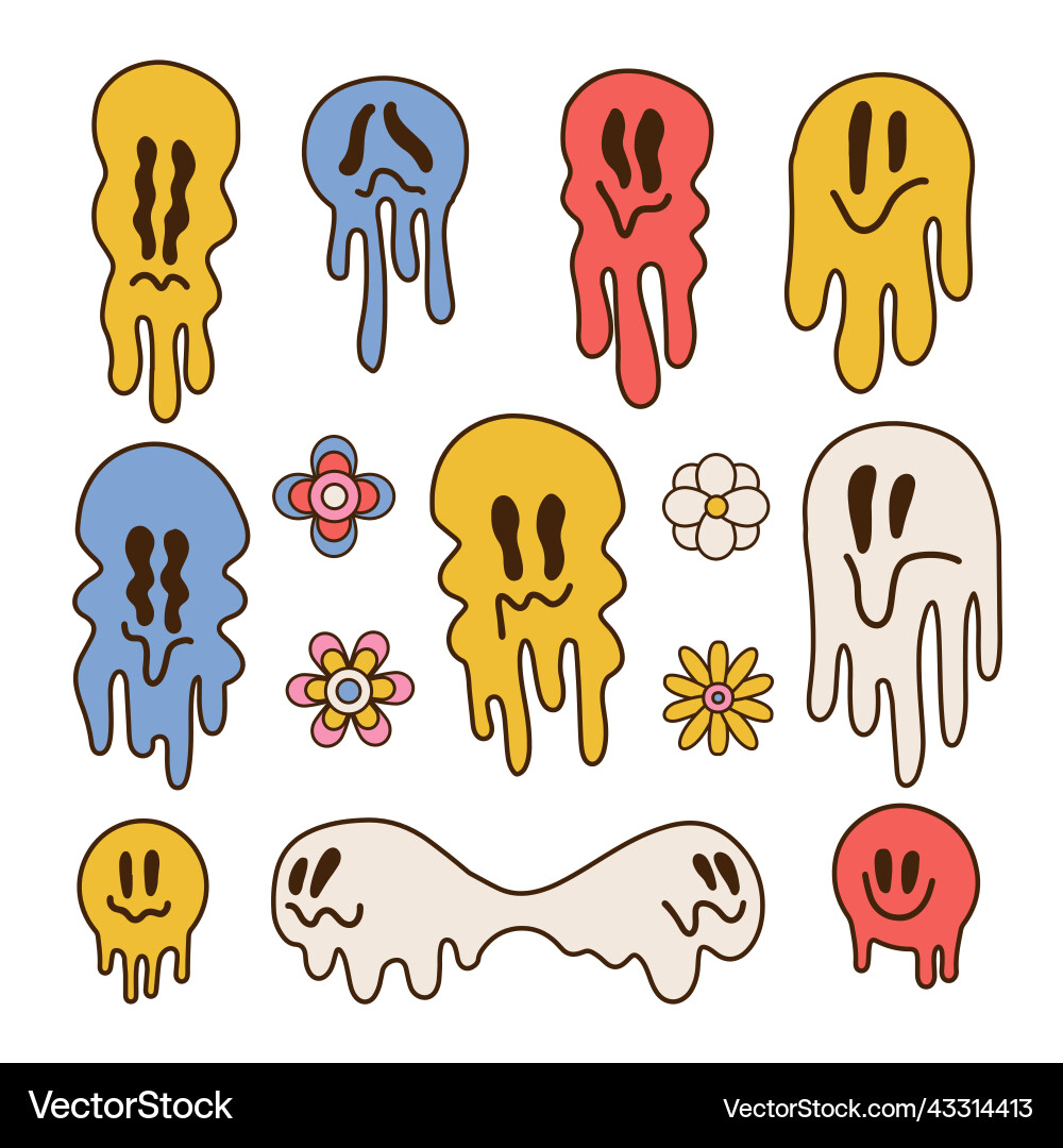 Melting psychedelic smiling faces set colorful Melting psychedelic smiling faces set colorful vector image