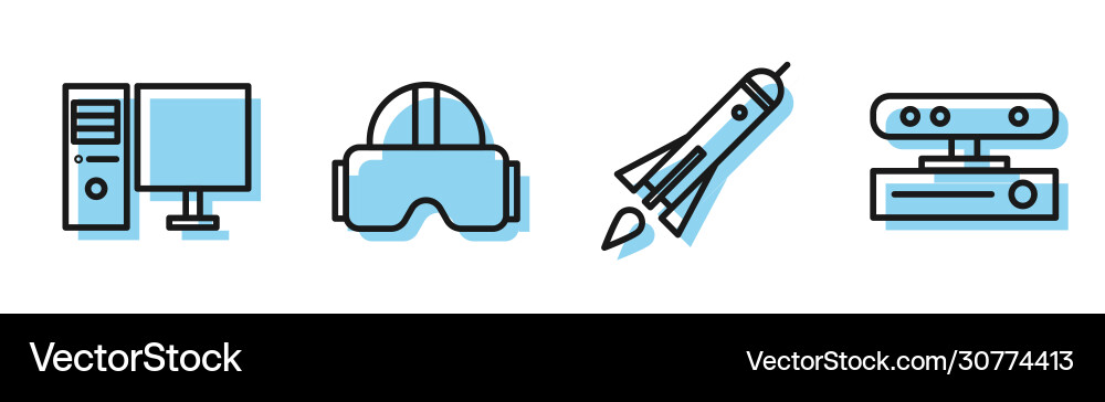 Set line rocket ship with fire computer monitor Vector Image
