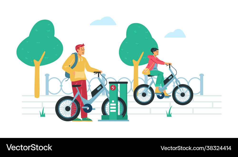 Eco freundliche elektrische Fahrradverleih Station Wohnung Eco freundliche elektrische Fahrradverleih Station Wohnung vektorbild