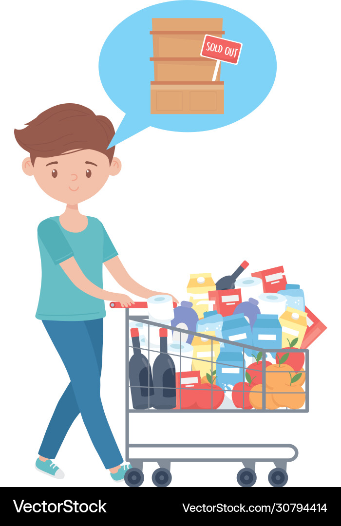 Man shopping with cart and products shelf Man shopping with cart and products shelf Vector Image