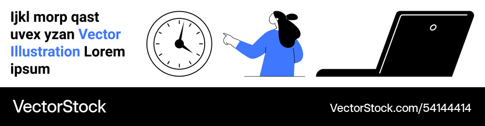 Remote worker standing near clock pointing at time Remote worker standing near clock pointing at time vector image