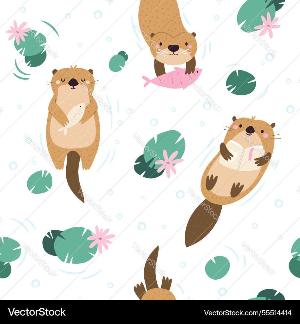 Seamless patterns with cute floating otters Seamless patterns with cute floating otters vector image