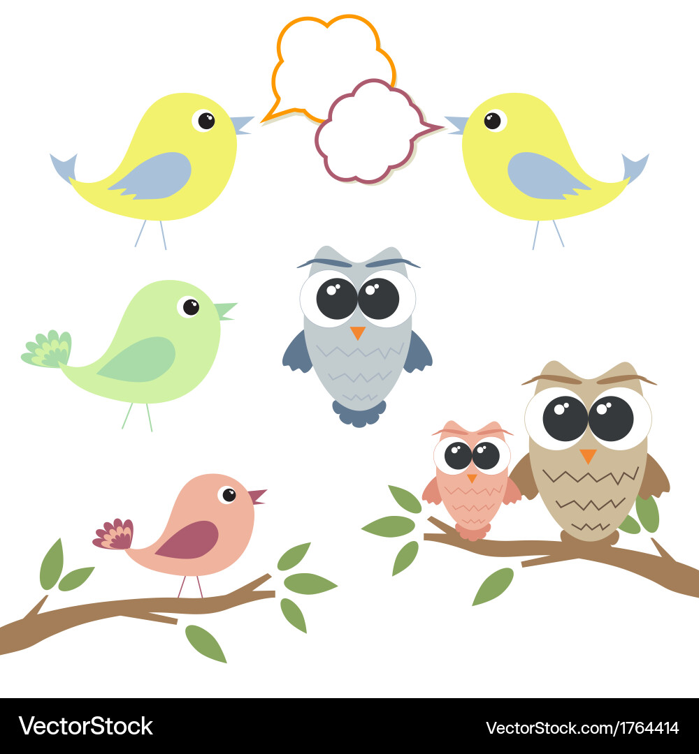 Set of owls and birds with speech bubbles Vector Image