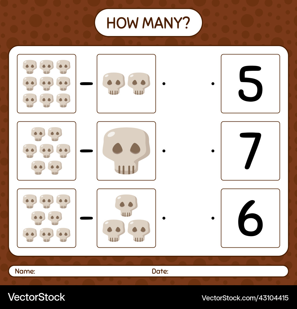 How many counting game with skull worksheet How many counting game with skull worksheet Vector Image