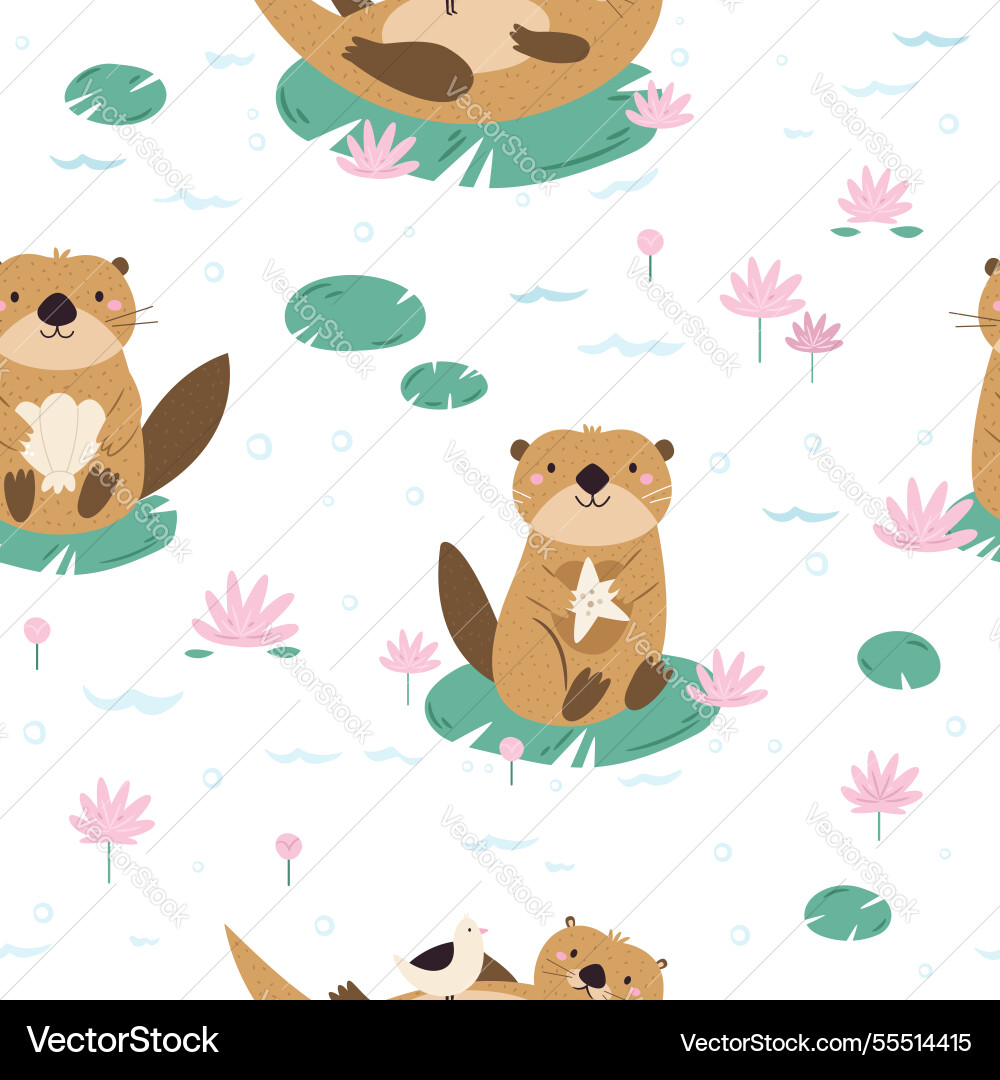 Seamless patterns with cute floating otters Seamless patterns with cute floating otters vector image
