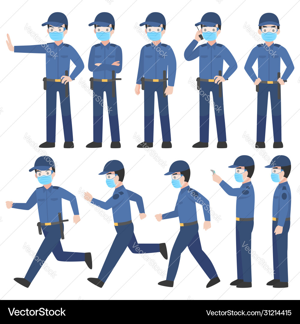 Set security guard in uniform with new normal Set security guard in uniform with new normal vector image