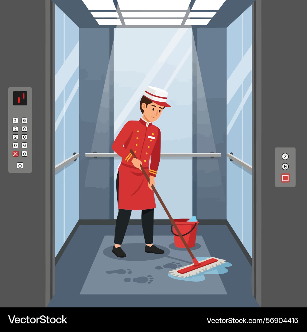 Worker mopping floor in an elevator with bucket Vector Image
