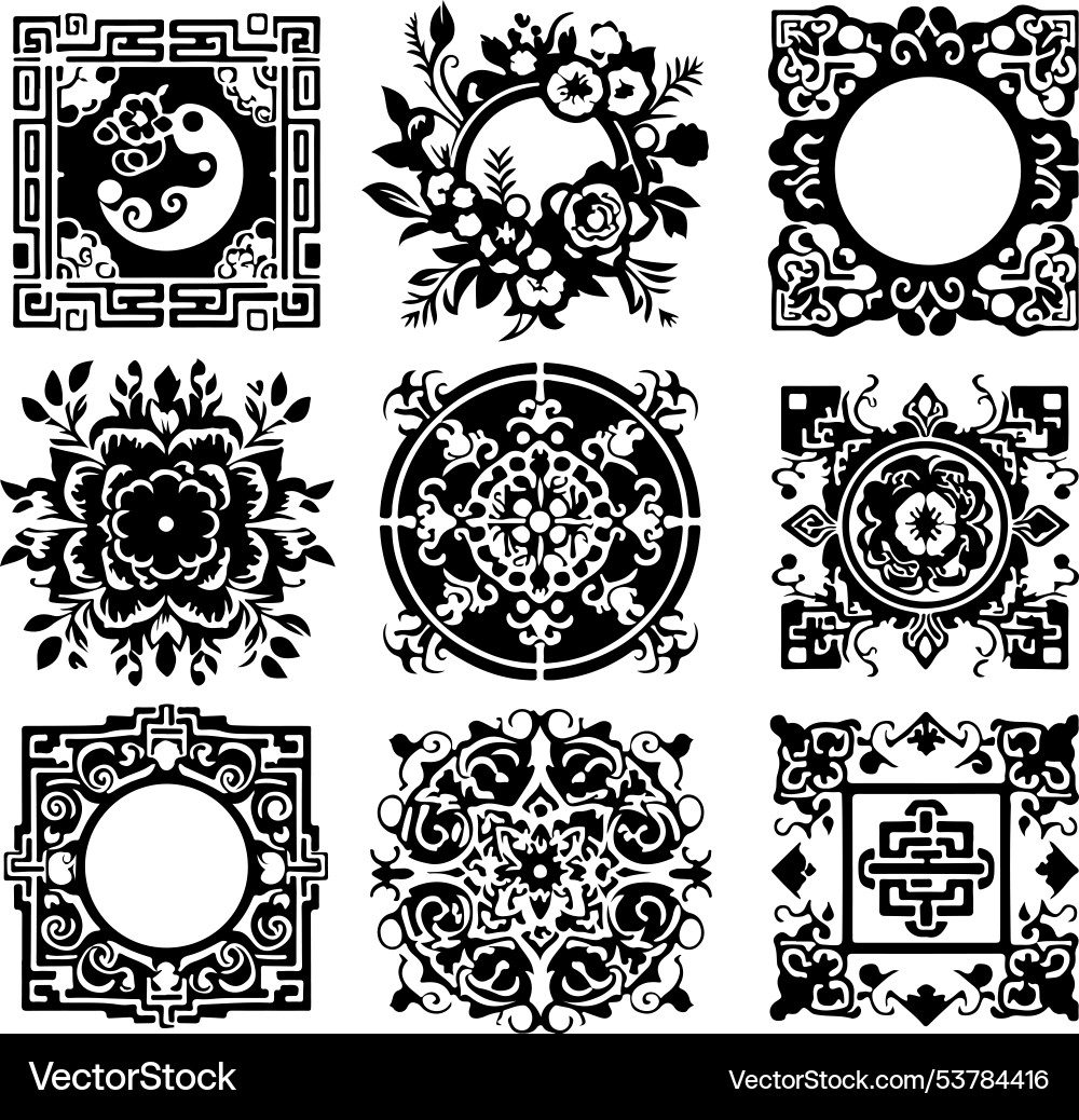 Nine styles of asian pattern and frames Vector Image