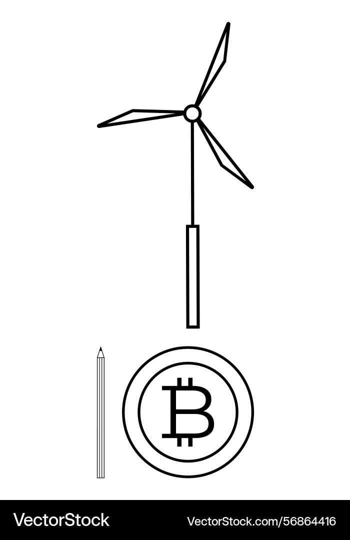 Wind turbine generating bitcoin with pen for scale vector image