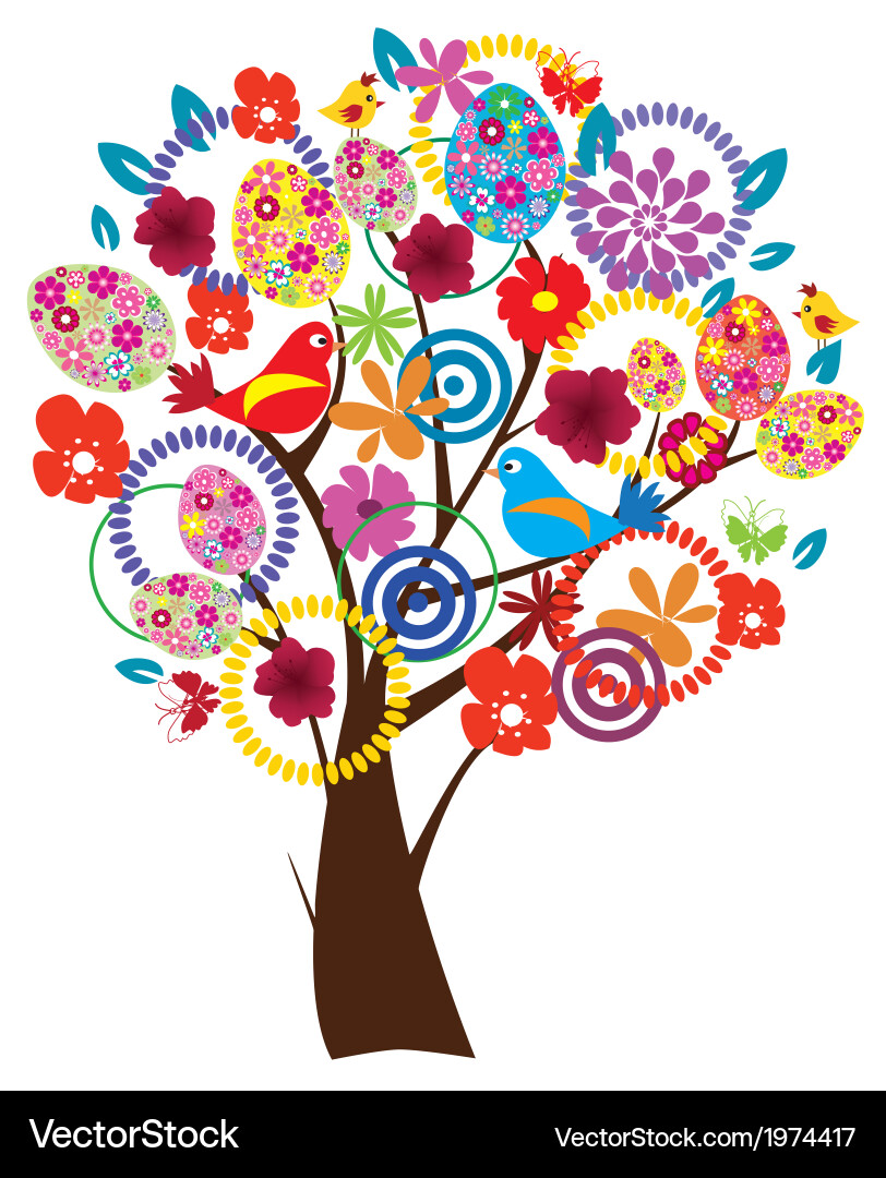 Elegant Easter Tree with Flowers & Eggs vector image