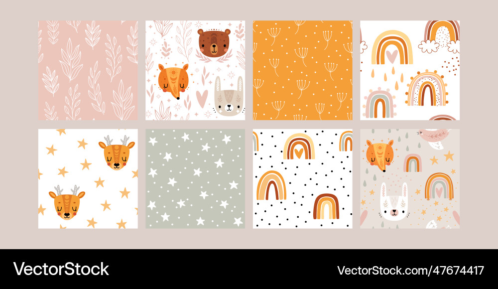 Set of seamless boho patterns with rainbows Set of seamless boho patterns with rainbows vector image