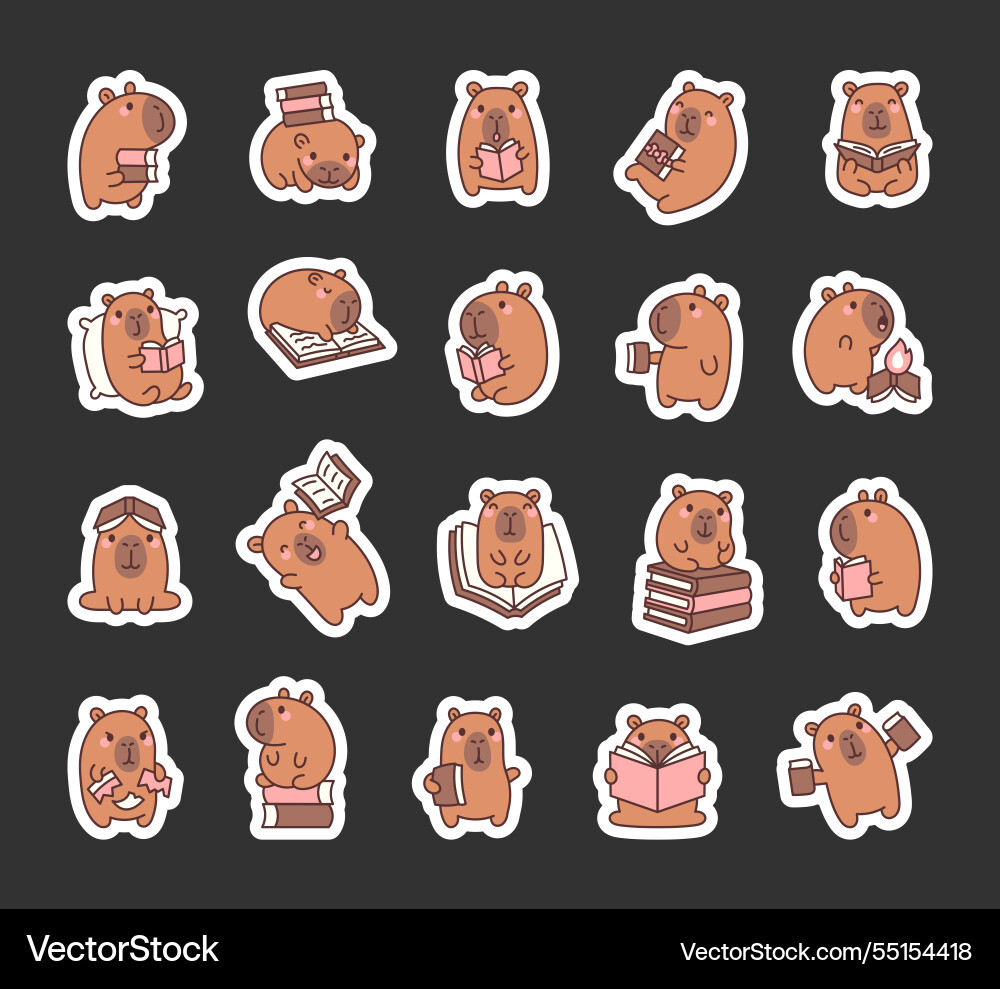 Capybara characters set with books vector image