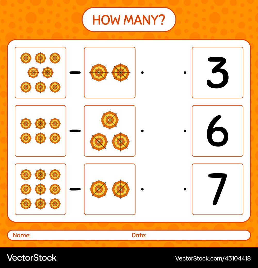 How many counting game with spider web worksheet Vector Image