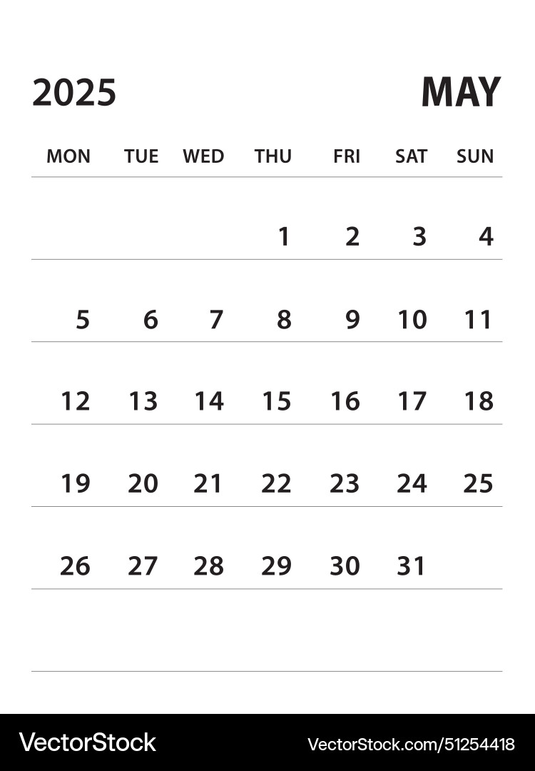 Mai 2025calendar 2025 Vorlage Lizenzfreies Vektorbild
