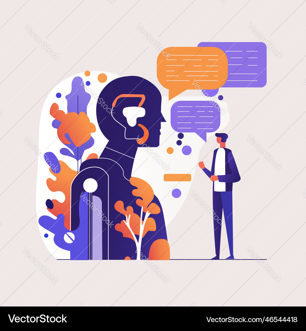 Man communicating with robot Man communicating with robot Vector Image