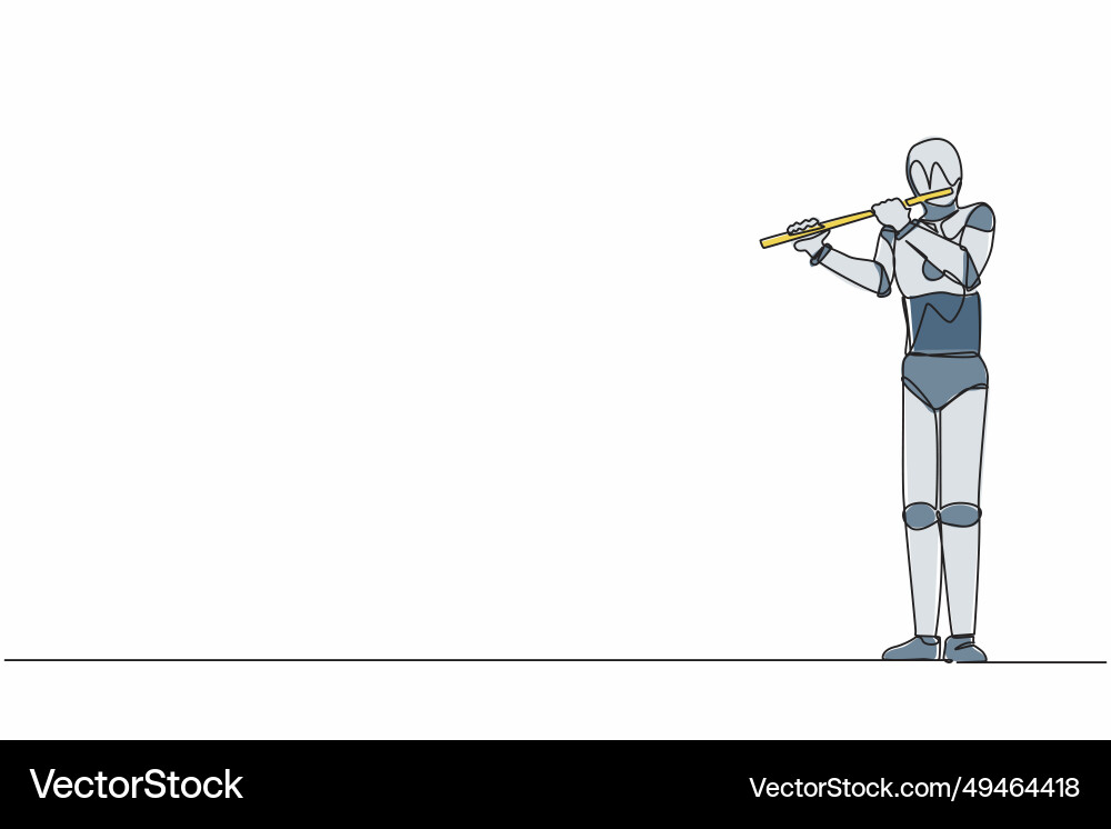 Single continuous line drawing robot flutist Vector Image