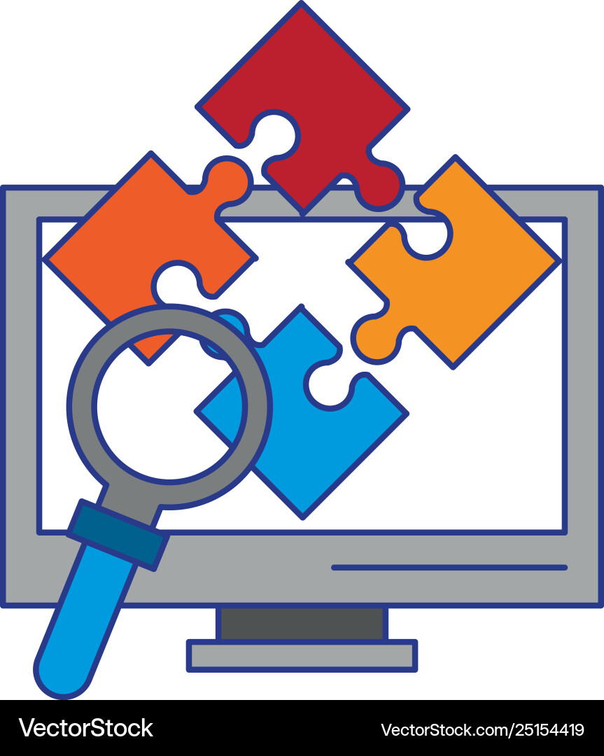 Computer Puzzle und Lupe Vektorbild