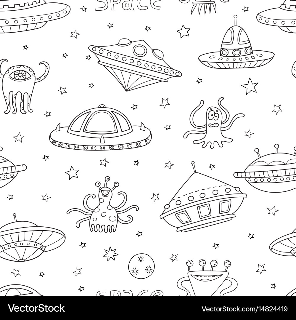 Seamless pattern with space objects ufo rockets vector image