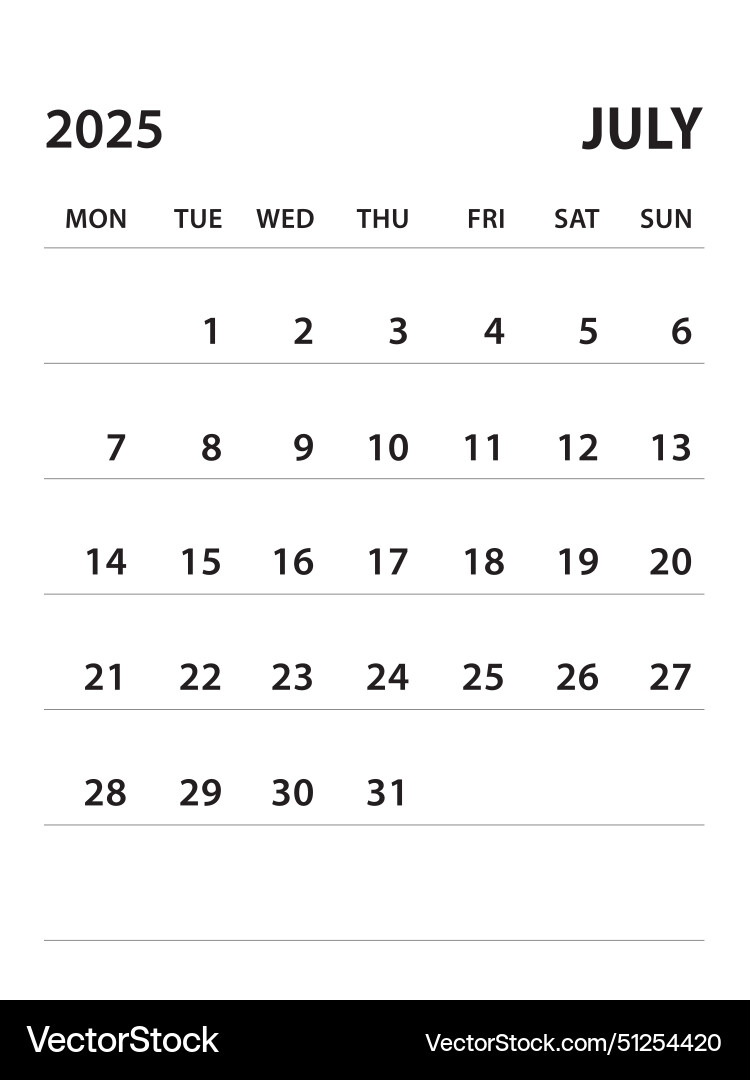 July 2025calendar 2025 template Royalty Free Vector Image