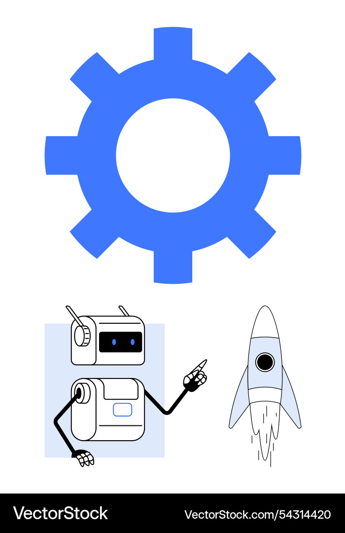 Robot interacting with gear and rocket symbolizing Vector Image