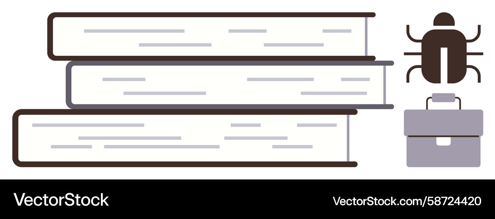 Stack of books with bug icon and briefcase Vector Image
