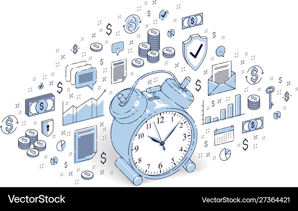 Table alarm clock with lots icons and design Table alarm clock with lots icons and design vector image