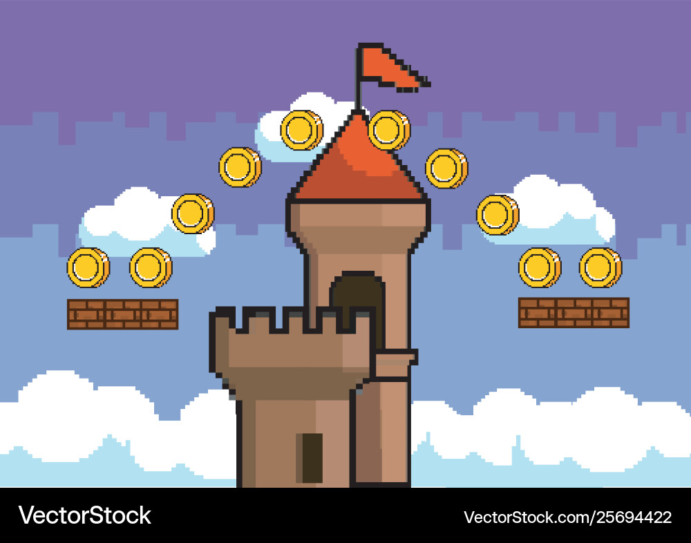 Arcade game world and pixel scene design vector image