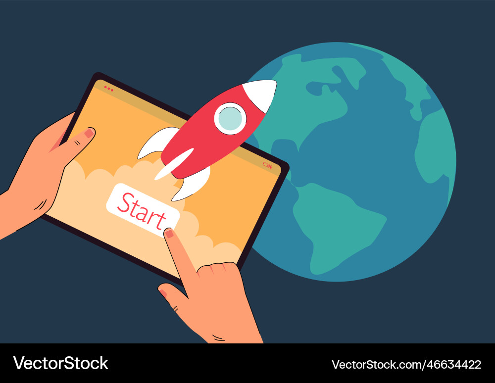 Hands using tablet to launch rocket around planet Hands using tablet to launch rocket around planet vector image