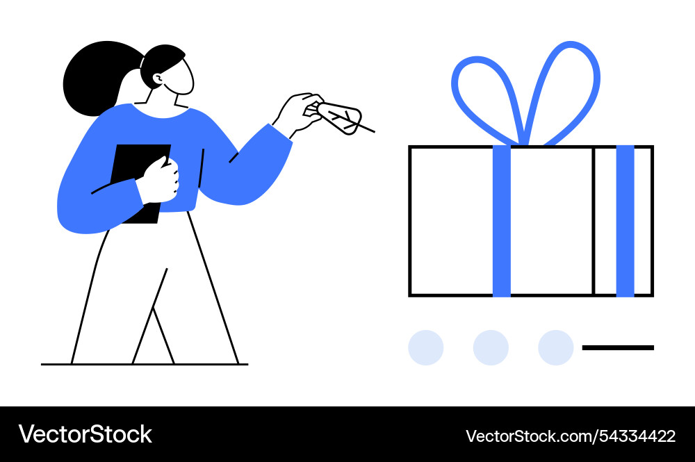Woman holding tablet and using pointer to indicate Vector Image